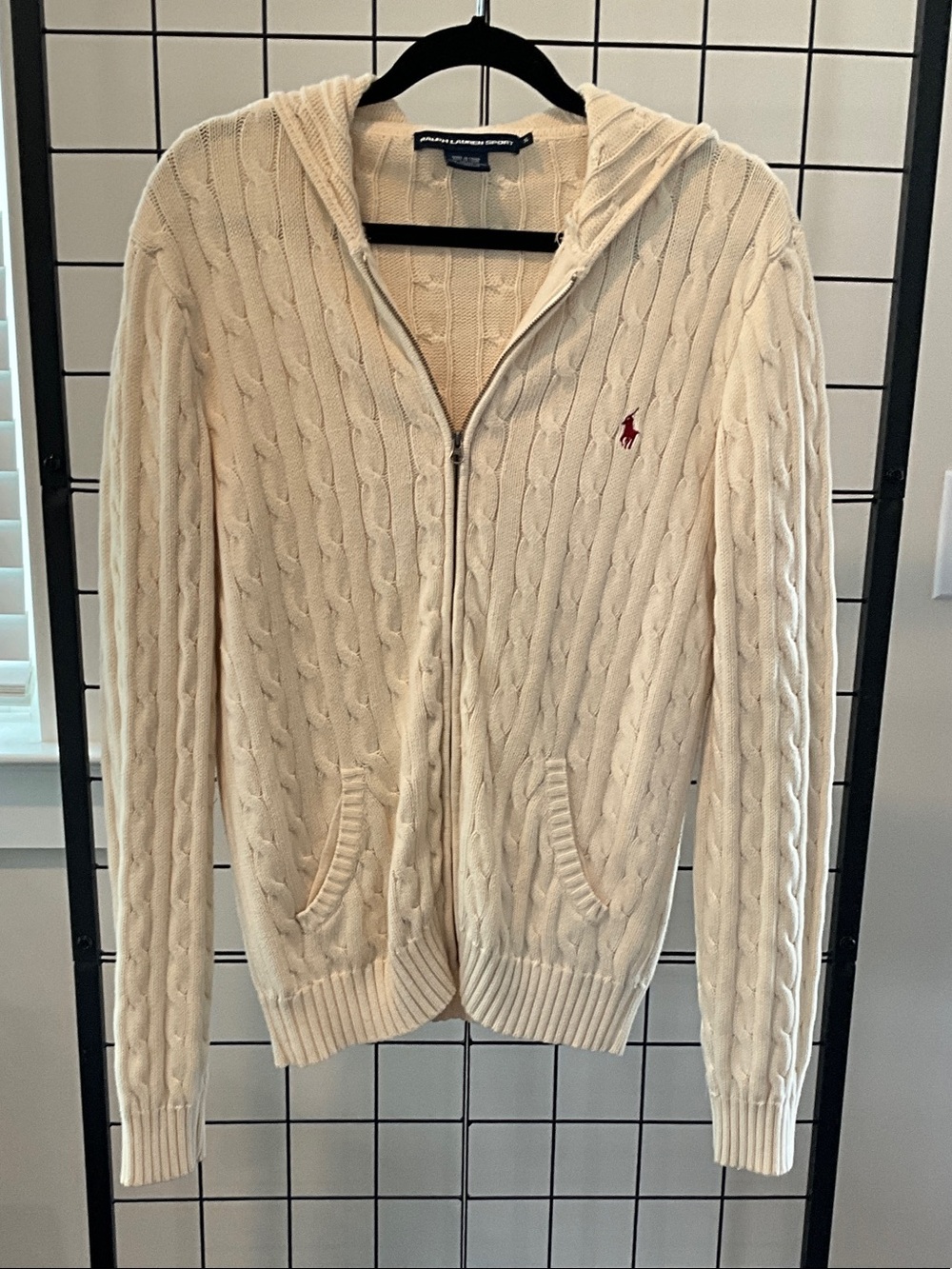 Polo by Ralph Lauren Cream Cable Zip-Up Hoodie Sweater with Red Pony
